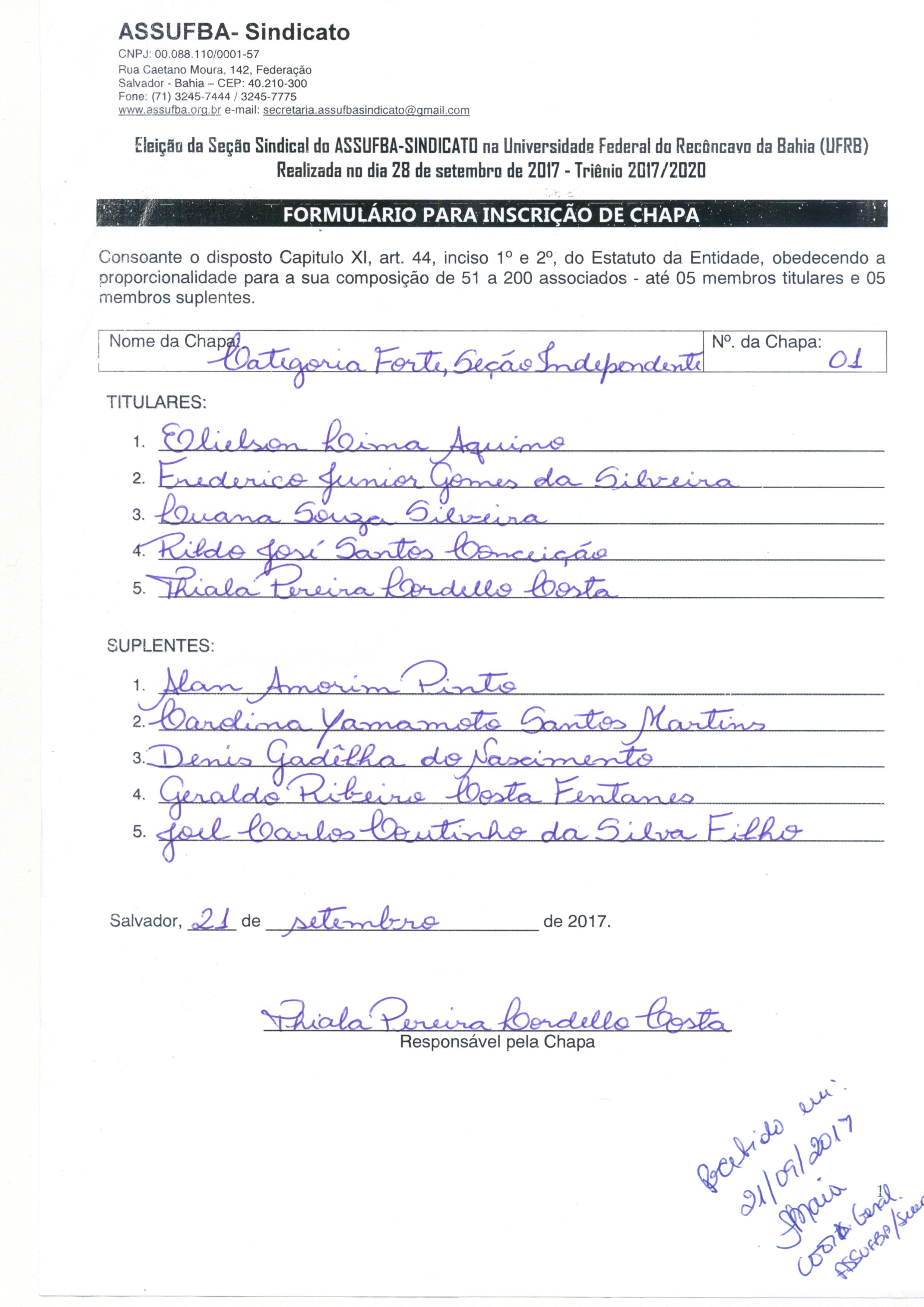 Formulário de Inscrição da Chapa 1 - Eleição Seção UFRB