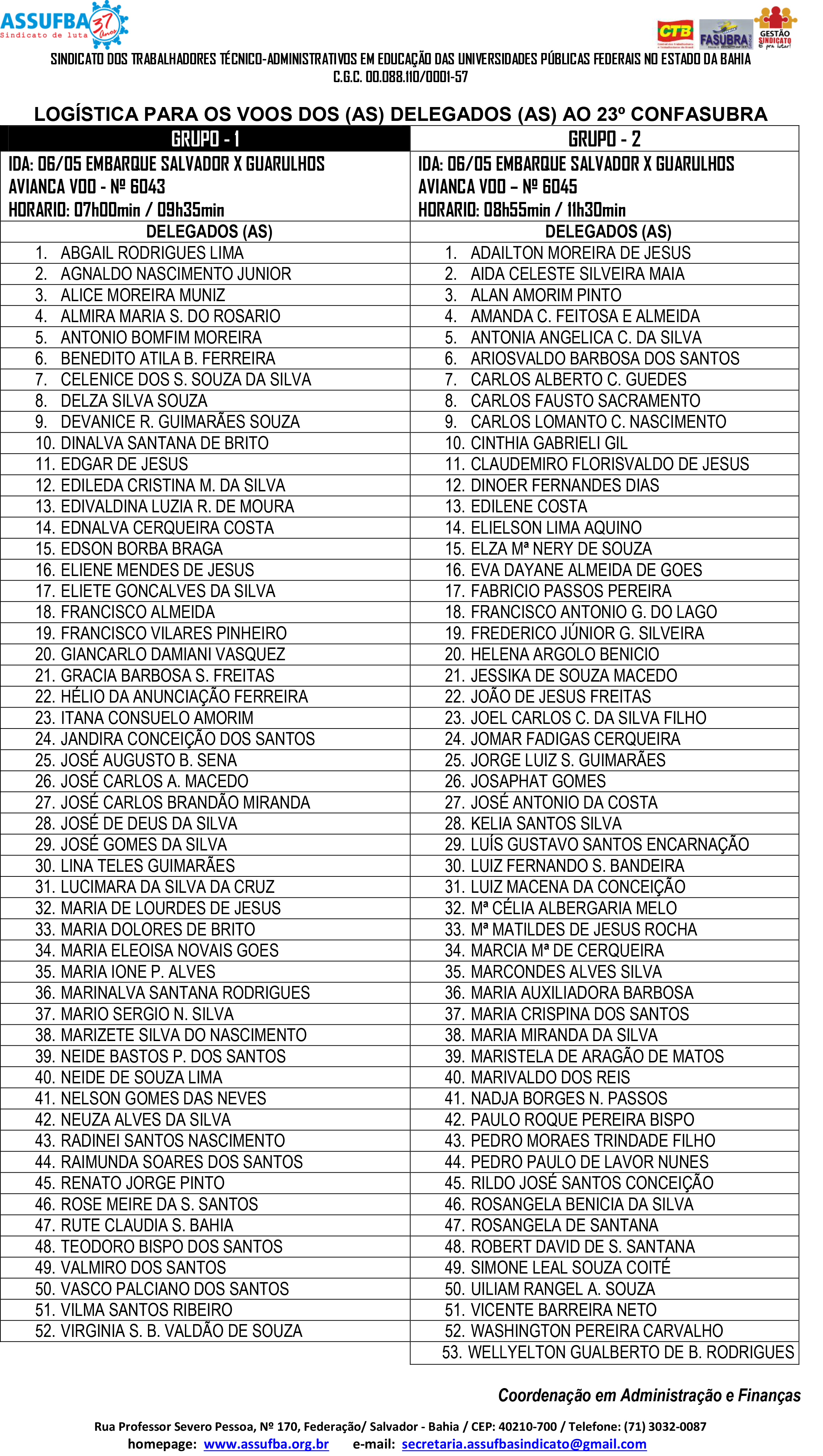 LOGÍSTICA DO VOOS DA DELEGAÇÃO