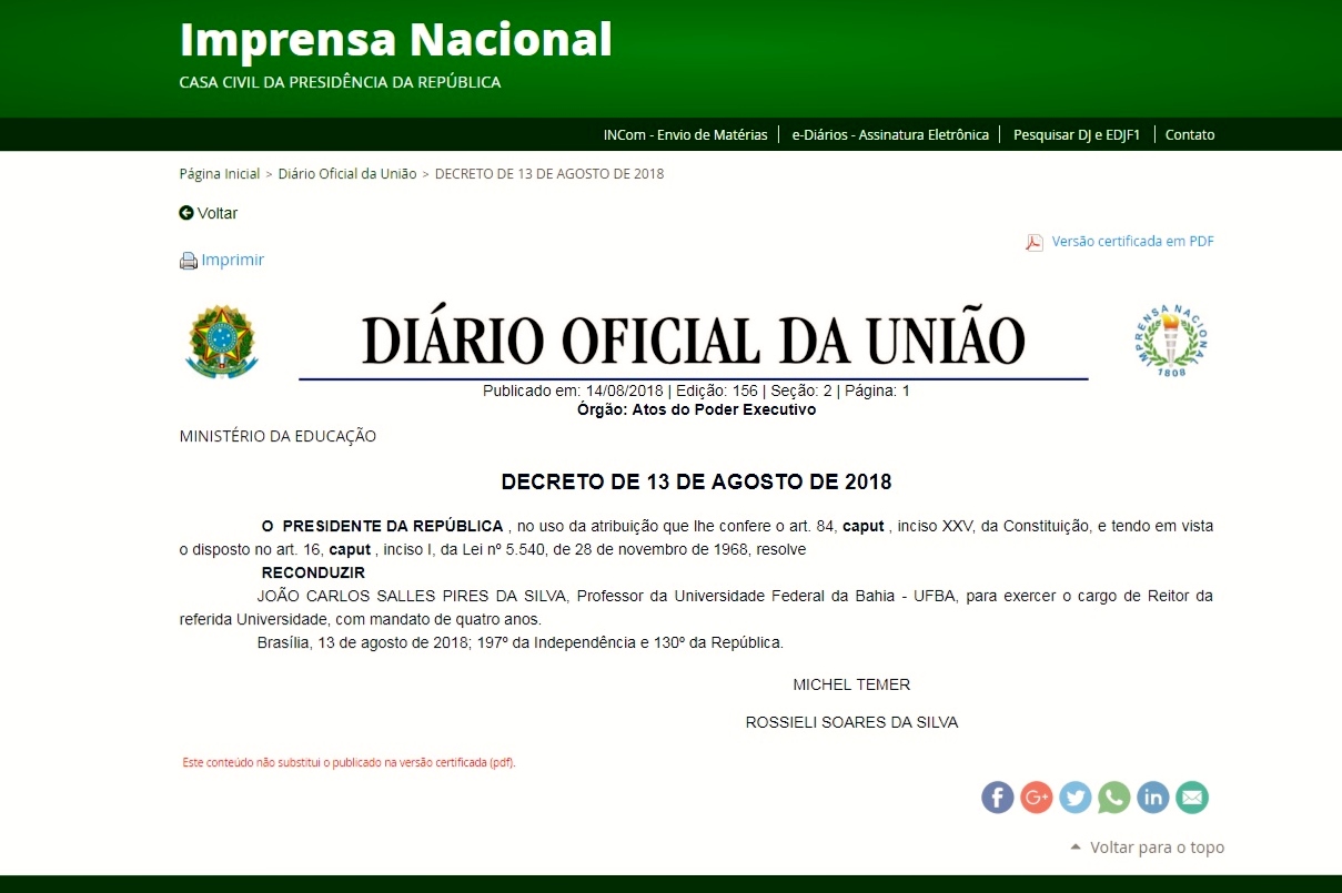decreto nomeação reitor
